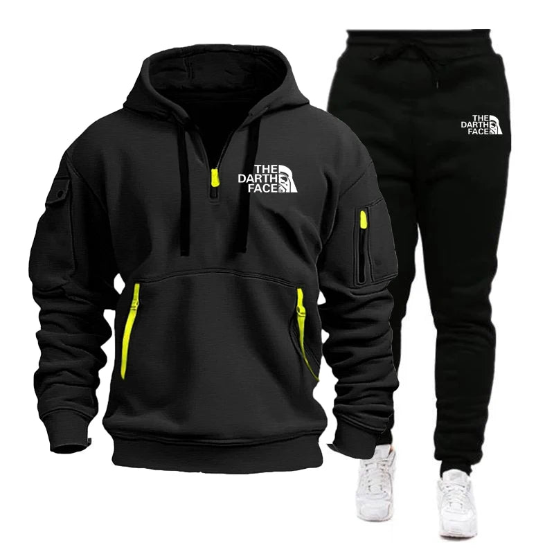 Men's hooded sports shirt set featuring ahalf-zip collar design with printed patternsa loose and comfortable beltwaist pants set