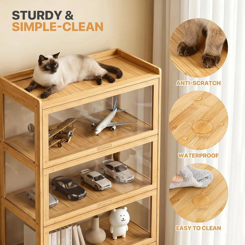 5-Tier Acrylic Display Cabinet | Bamboo & Acrylic Curio Cabinet for Collectibles | Living Room Showcase