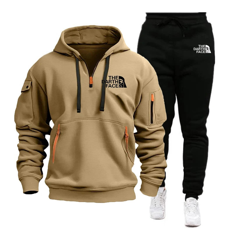 Men's hooded sports shirt set featuring ahalf-zip collar design with printed patternsa loose and comfortable beltwaist pants set