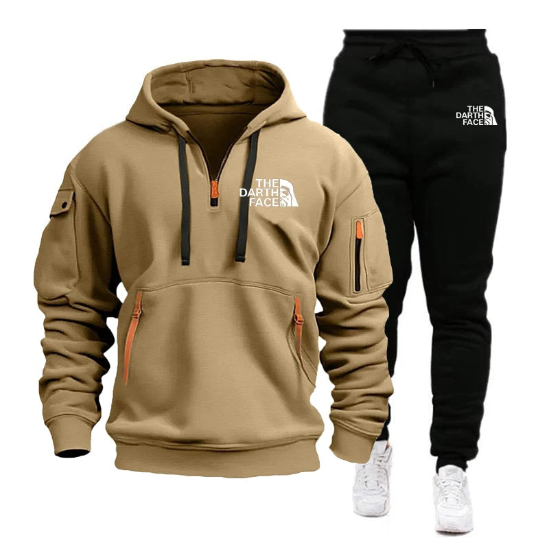 Men's hooded sports shirt set featuring ahalf-zip collar design with printed patternsa loose and comfortable beltwaist pants set
