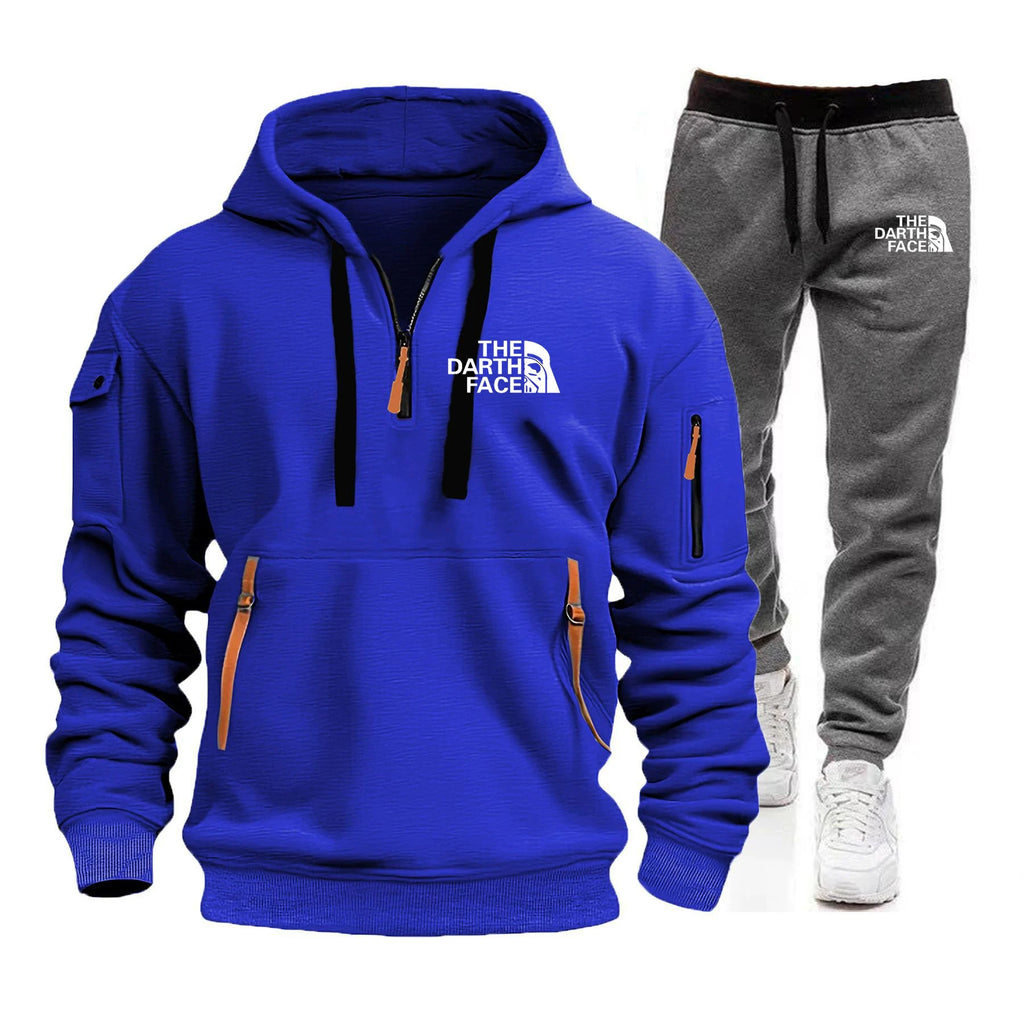 Men's hooded sports shirt set featuring ahalf-zip collar design with printed patternsa loose and comfortable beltwaist pants set
