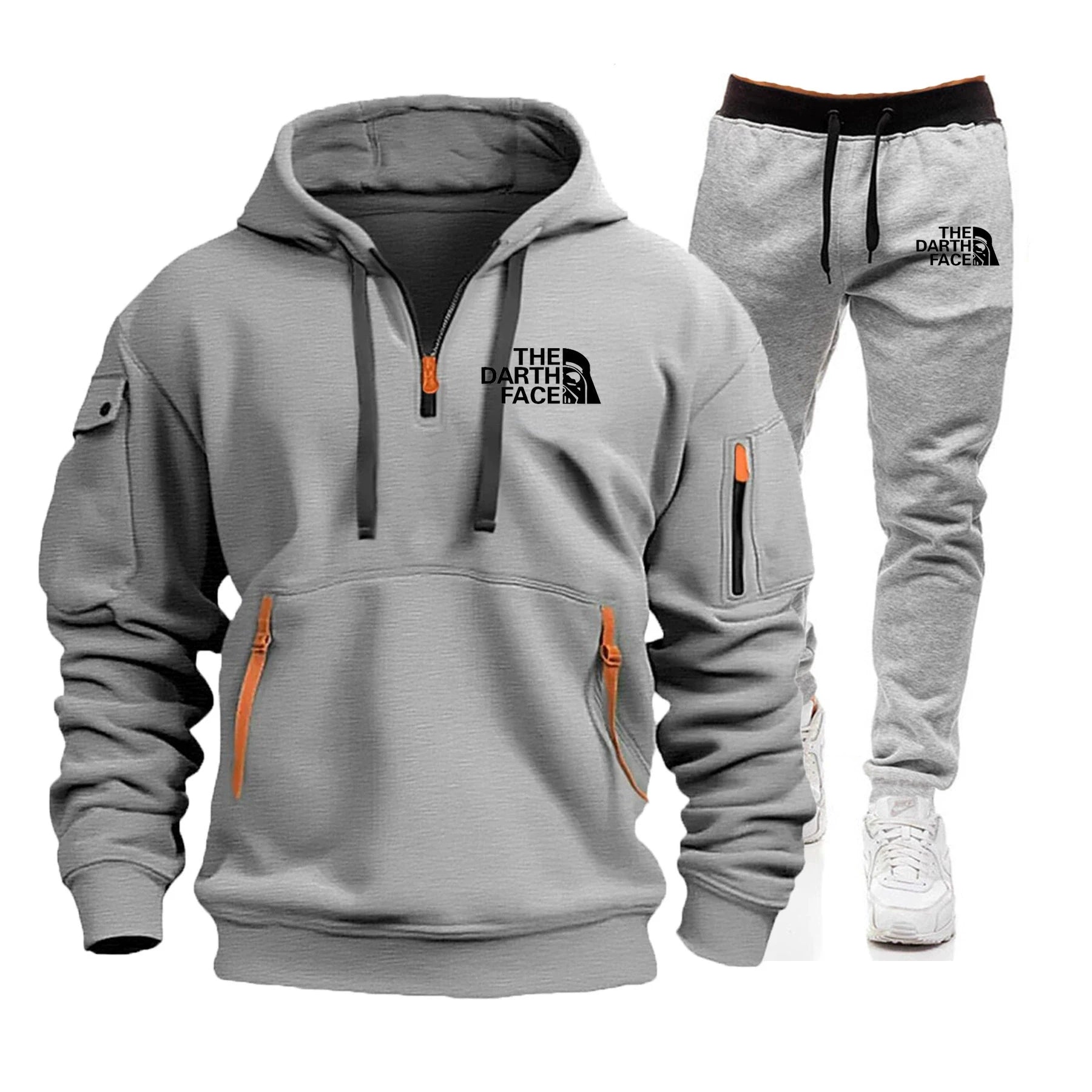 Men's hooded sports shirt set featuring ahalf-zip collar design with printed patternsa loose and comfortable beltwaist pants set