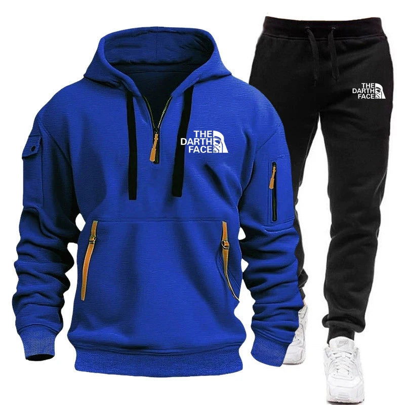 Men's hooded sports shirt set featuring ahalf-zip collar design with printed patternsa loose and comfortable beltwaist pants set