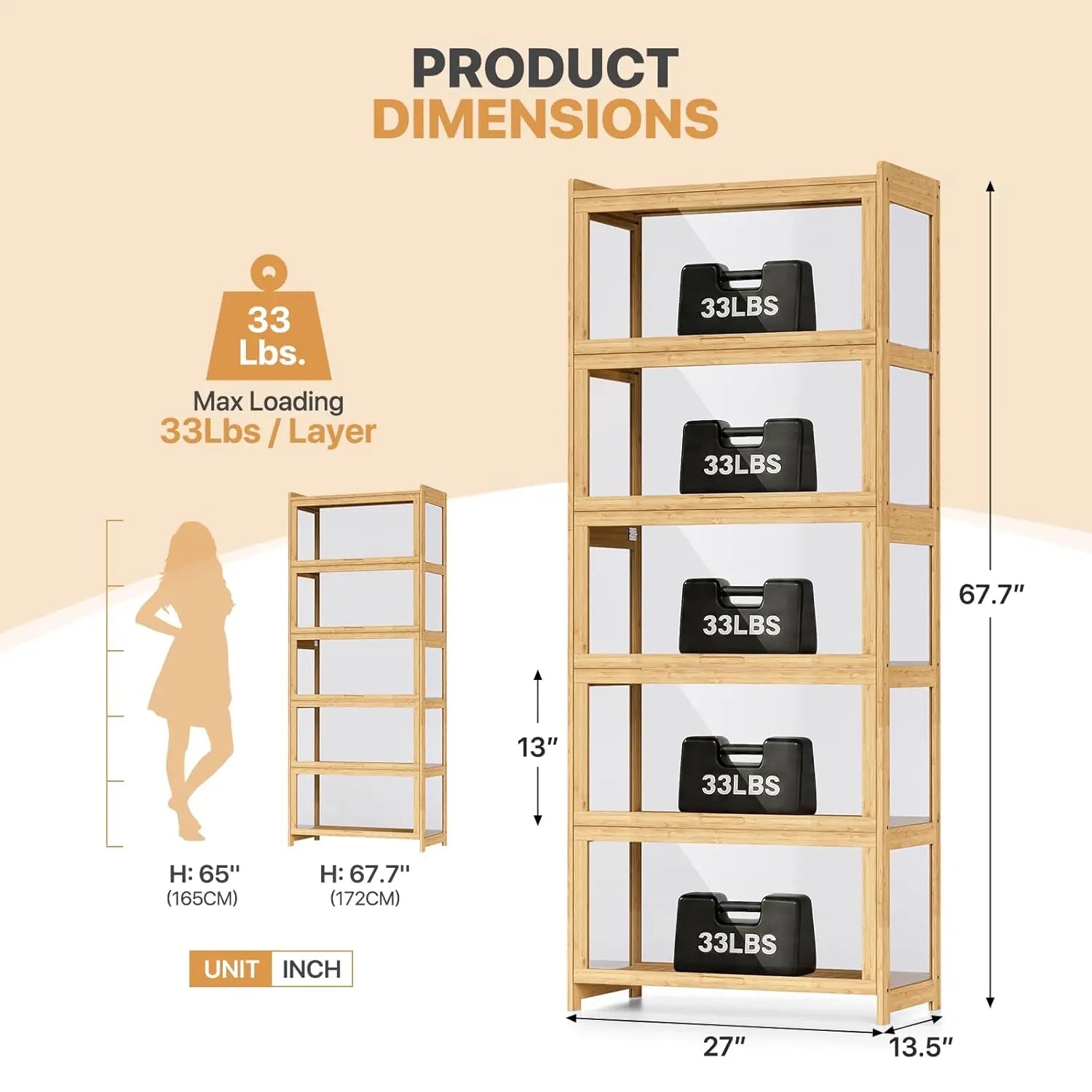 5-Tier Acrylic Display Cabinet | Bamboo & Acrylic Curio Cabinet for Collectibles | Living Room Showcase