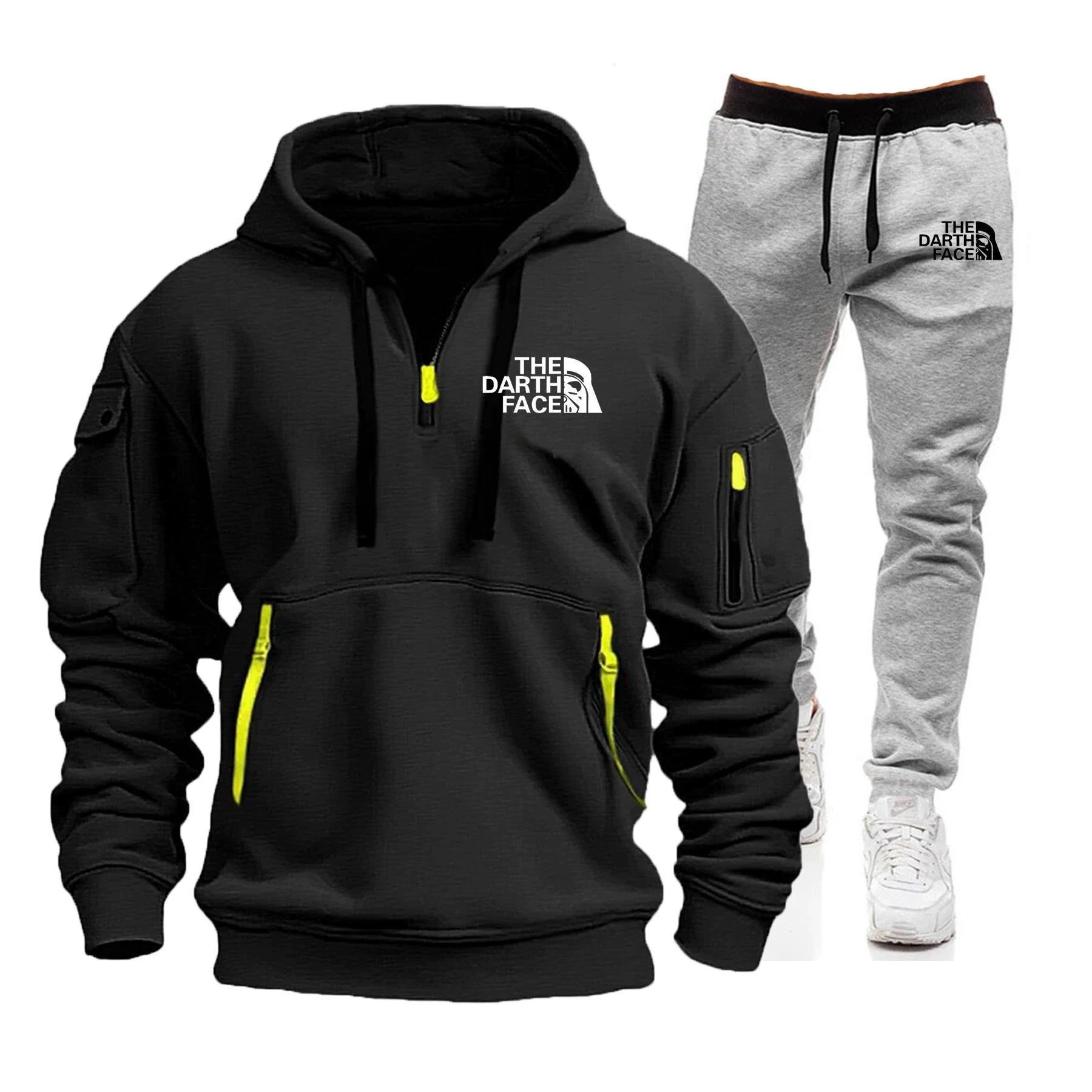 Men's hooded sports shirt set featuring ahalf-zip collar design with printed patternsa loose and comfortable beltwaist pants set