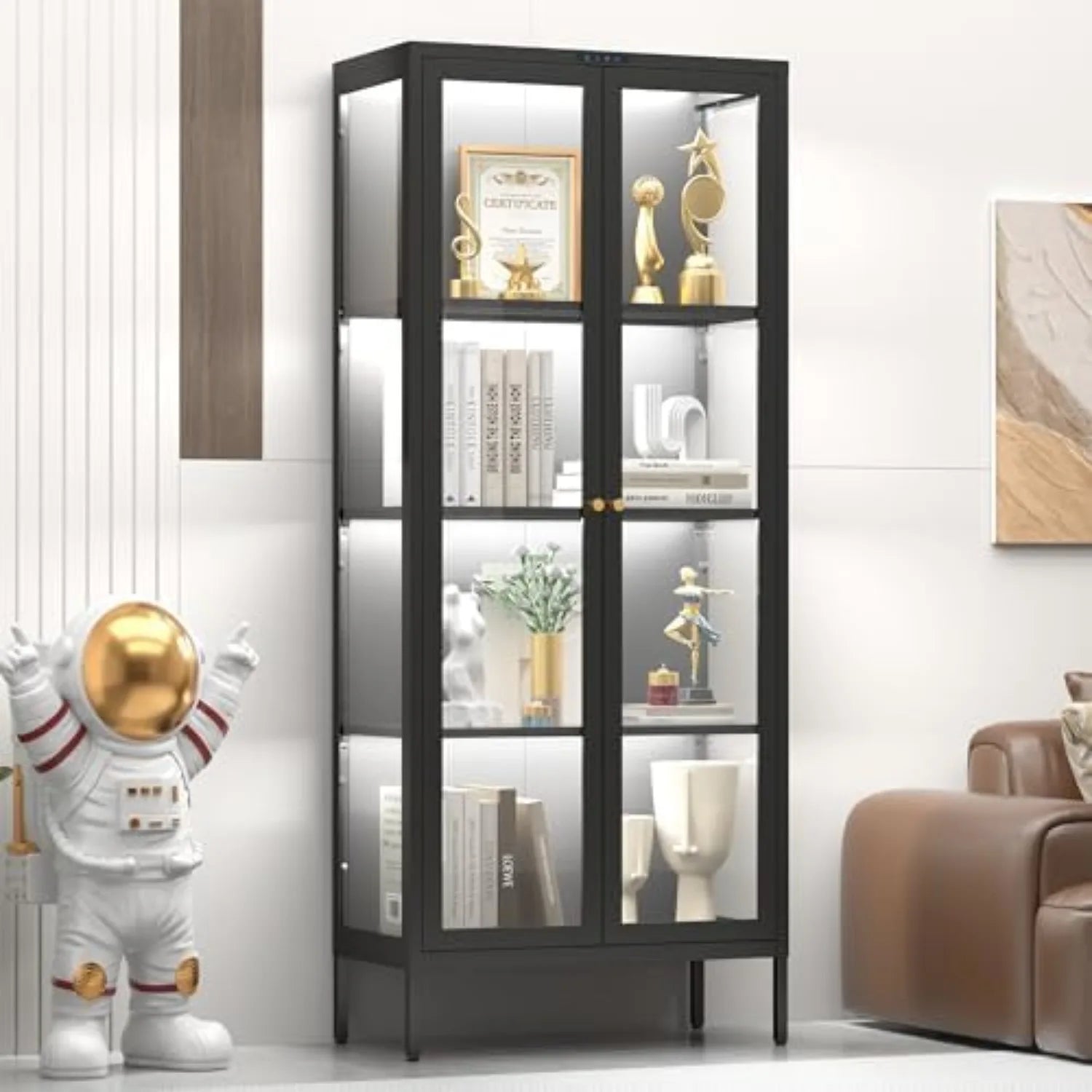 Glass Display Cabinet with 8-Color LED Lights | 3-Shelf Curio Cabinet | Smart Sensor