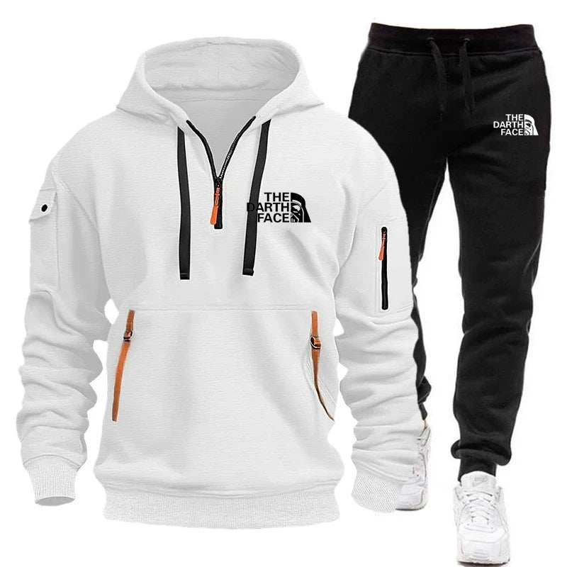 Men's hooded sports shirt set featuring ahalf-zip collar design with printed patternsa loose and comfortable beltwaist pants set