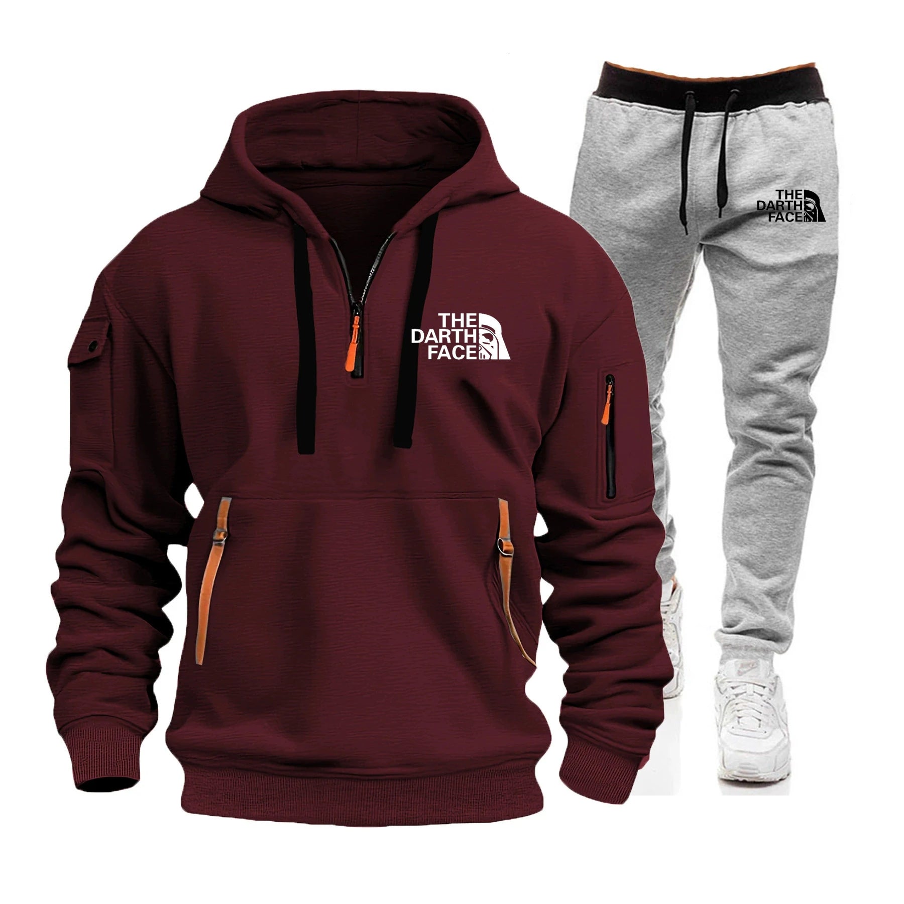 Men's hooded sports shirt set featuring ahalf-zip collar design with printed patternsa loose and comfortable beltwaist pants set
