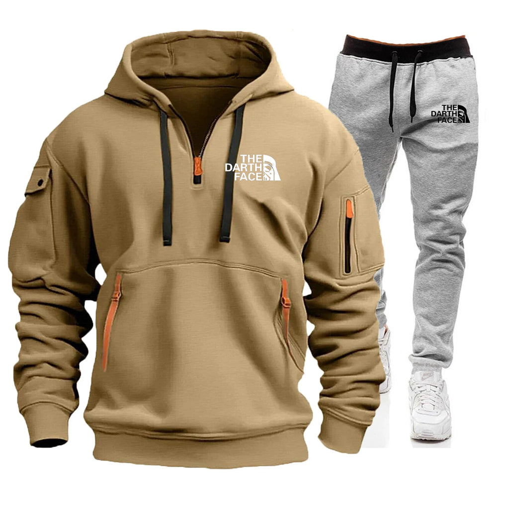 Men's hooded sports shirt set featuring ahalf-zip collar design with printed patternsa loose and comfortable beltwaist pants set