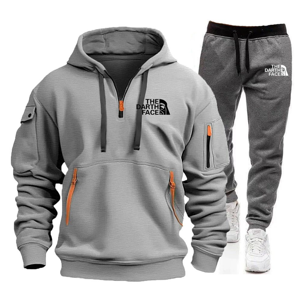 Men's hooded sports shirt set featuring ahalf-zip collar design with printed patternsa loose and comfortable beltwaist pants set