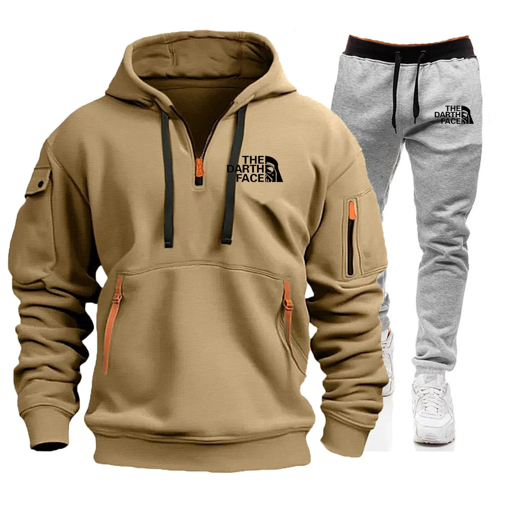 Men's hooded sports shirt set featuring ahalf-zip collar design with printed patternsa loose and comfortable beltwaist pants set