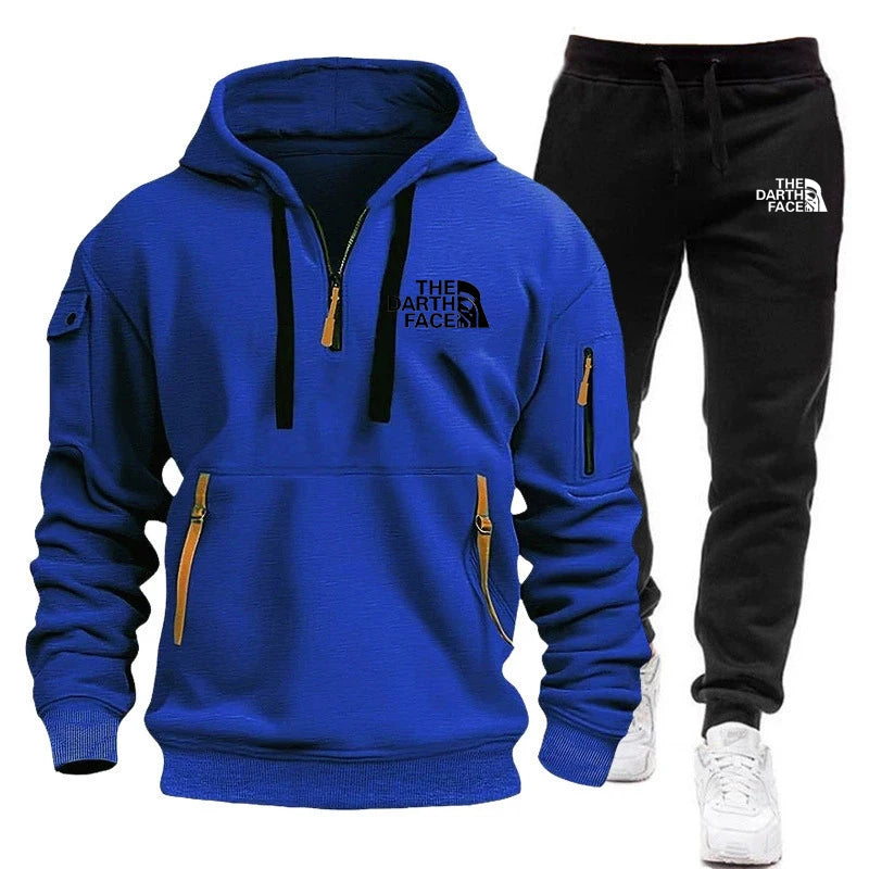 Men's hooded sports shirt set featuring ahalf-zip collar design with printed patternsa loose and comfortable beltwaist pants set