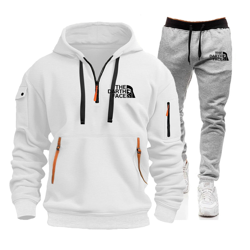 Men's hooded sports shirt set featuring ahalf-zip collar design with printed patternsa loose and comfortable beltwaist pants set