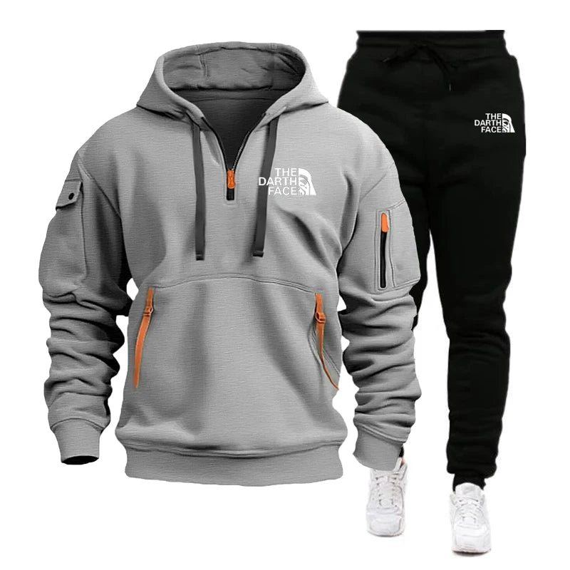 Men's hooded sports shirt set featuring ahalf-zip collar design with printed patternsa loose and comfortable beltwaist pants set