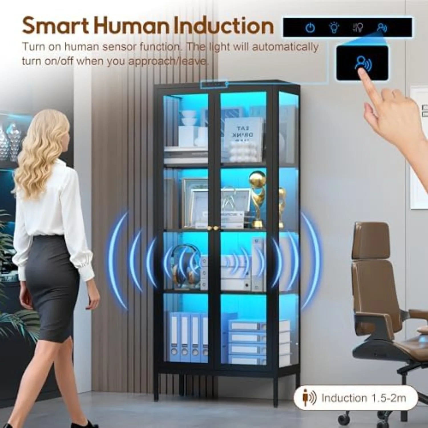 Glass Display Cabinet with 8-Color LED Lights | 3-Shelf Curio Cabinet | Smart Sensor