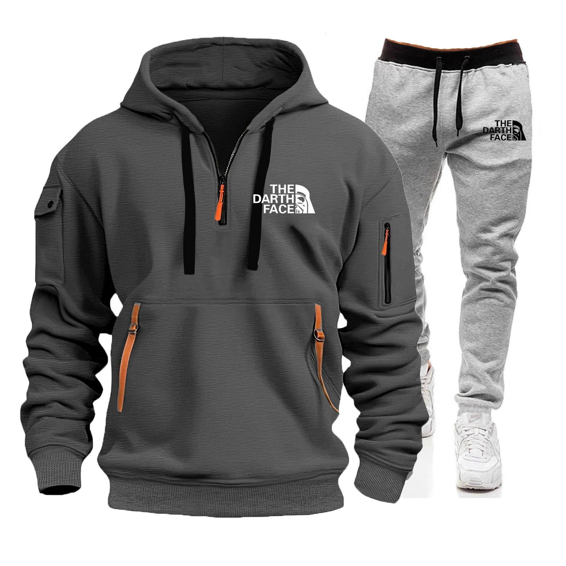 Men's hooded sports shirt set featuring ahalf-zip collar design with printed patternsa loose and comfortable beltwaist pants set