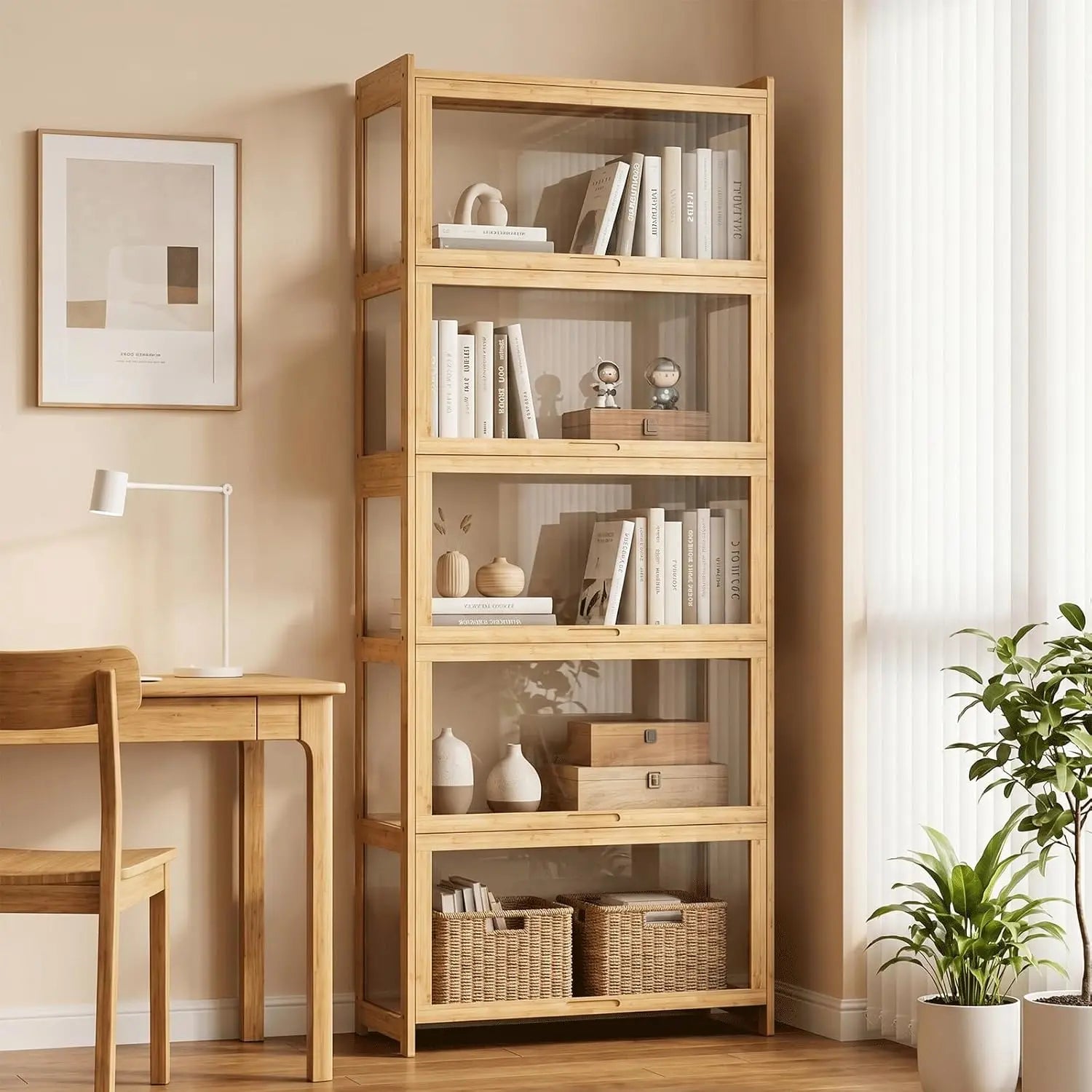 5-Tier Acrylic Display Cabinet | Bamboo & Acrylic Curio Cabinet for Collectibles | Living Room Showcase