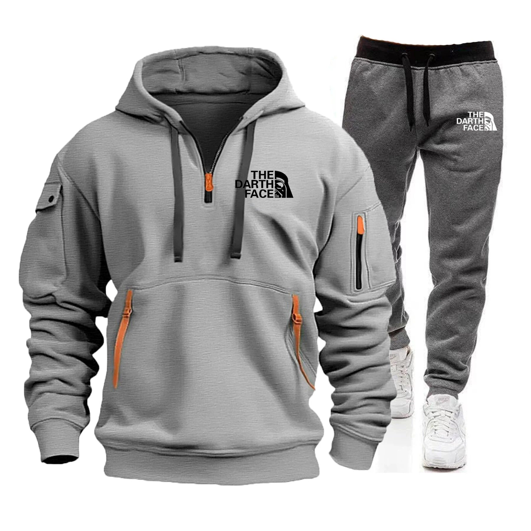 Men's hooded sports shirt set featuring ahalf-zip collar design with printed patternsa loose and comfortable beltwaist pants set