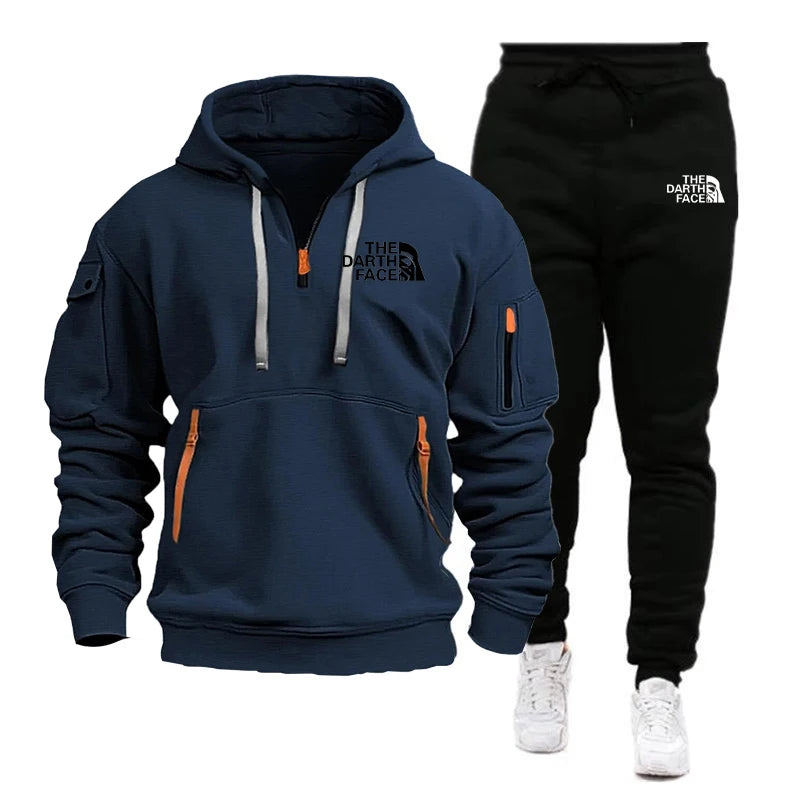 Men's hooded sports shirt set featuring ahalf-zip collar design with printed patternsa loose and comfortable beltwaist pants set