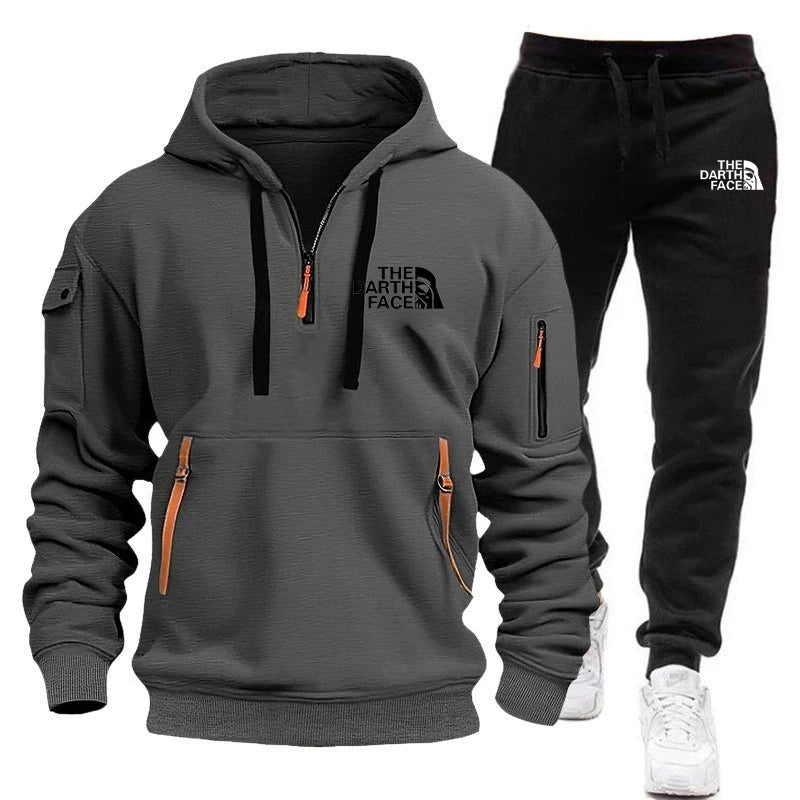 Men's hooded sports shirt set featuring ahalf-zip collar design with printed patternsa loose and comfortable beltwaist pants set