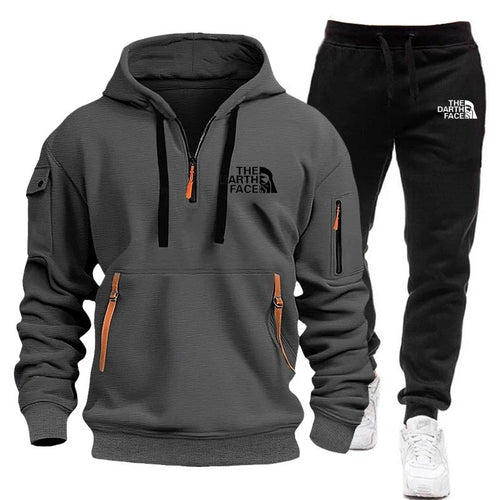 Men's hooded sports shirt set featuring ahalf-zip collar design with printed patternsa loose and comfortable beltwaist pants set