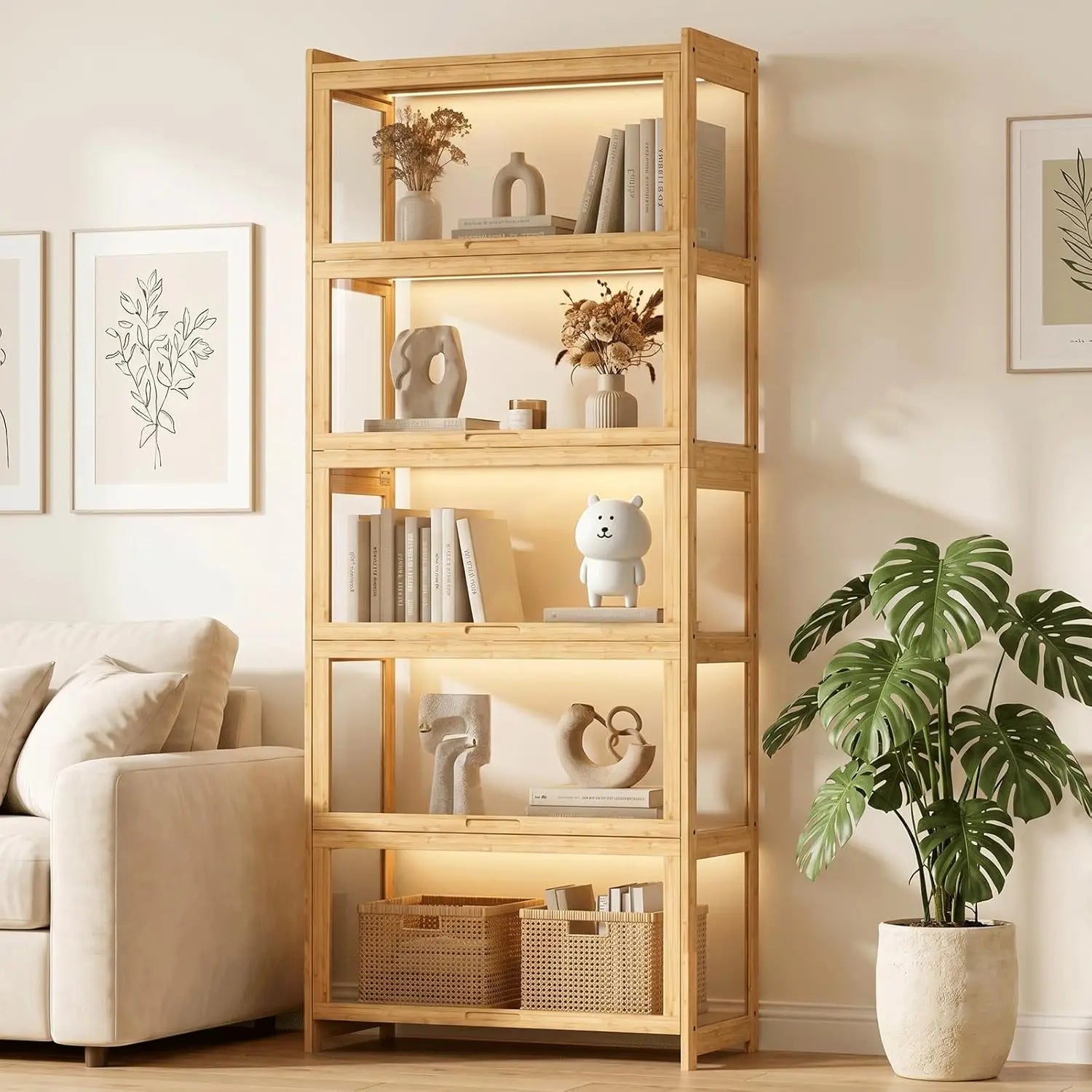 5-Tier Acrylic Display Cabinet | Bamboo & Acrylic Curio Cabinet for Collectibles | Living Room Showcase