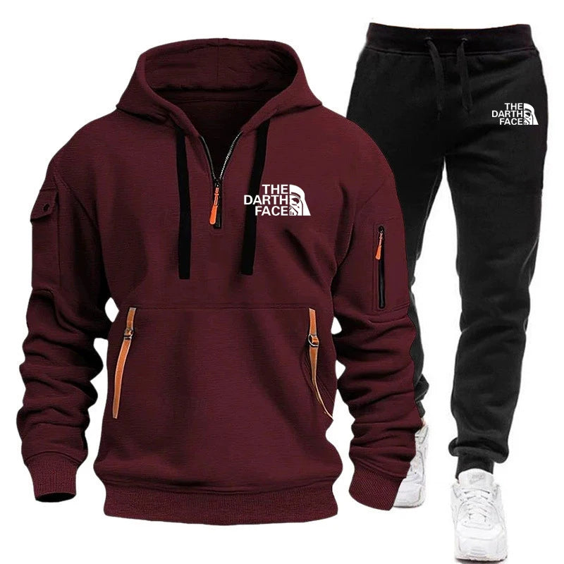 Men's hooded sports shirt set featuring ahalf-zip collar design with printed patternsa loose and comfortable beltwaist pants set