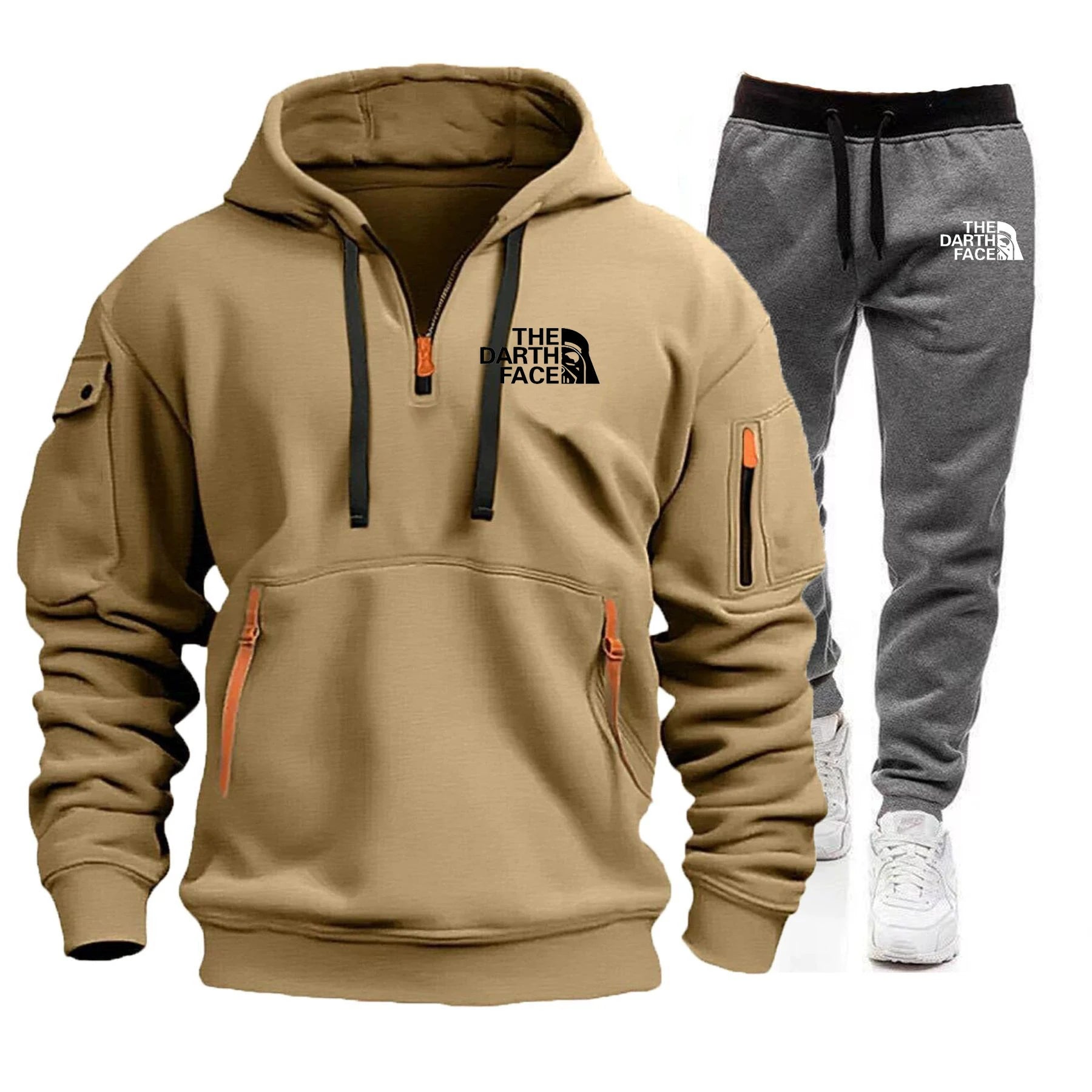 Men's hooded sports shirt set featuring ahalf-zip collar design with printed patternsa loose and comfortable beltwaist pants set